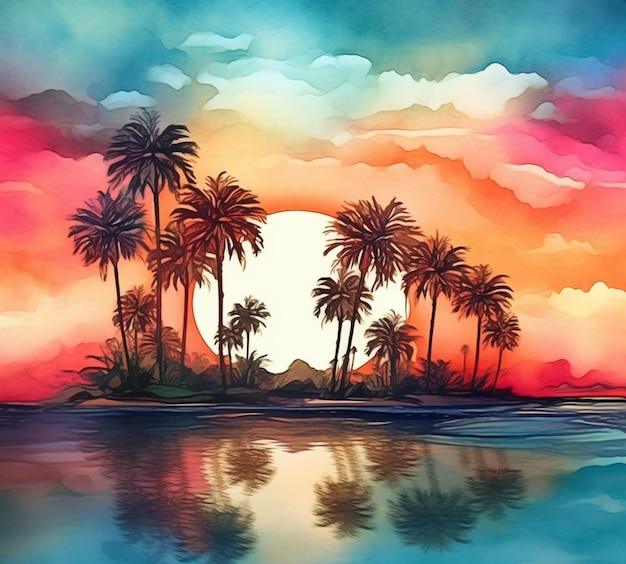 Painting of a sunset with palm trees and a body of water generative ai