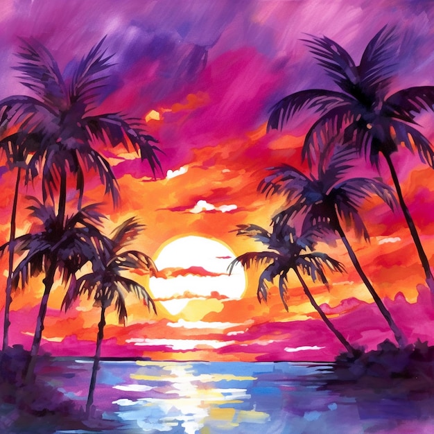 Painting of a sunset with palm trees and a body of water generative ai