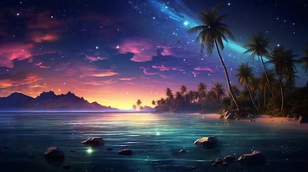 a painting of a sunset with palm trees and the ocean in the background