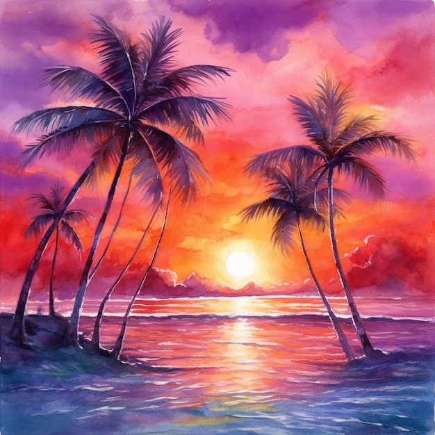 Painting of a sunset with palm trees and the ocean generative ai