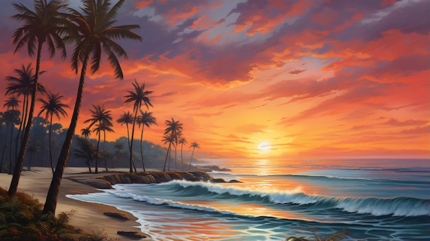 A painting of a sunset with palm trees and the ocean