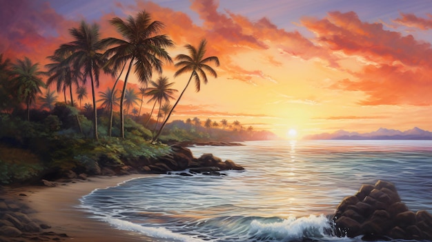 A painting of a sunset with palm trees and the ocean