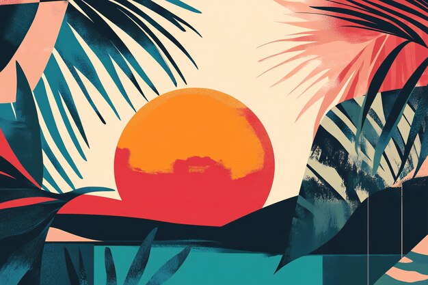 a painting of a sunset with palm trees and a palm tree