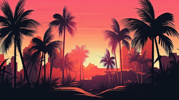 Painting of a sunset with palm trees and red palette colors