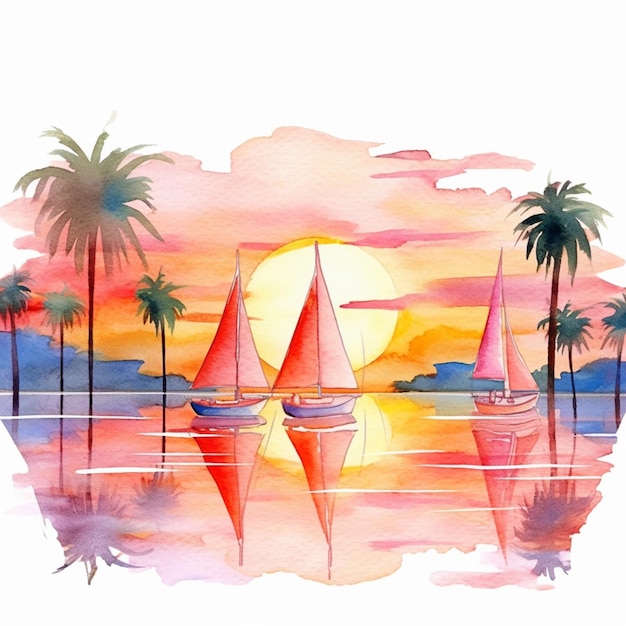 A painting of a sunset with palm trees and sailboats.