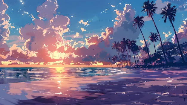 a painting of a sunset with palm trees and the sun reflecting on the water