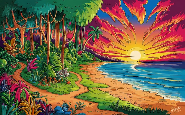 a painting of a sunset with palm trees and a sunset