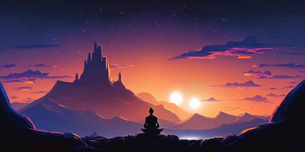 A painting of a sunset with a person meditating in front of a mountain.