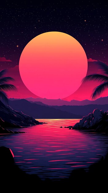 a painting of a sunset with a pink moon and palm trees