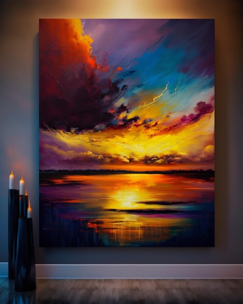 A painting of a sunset with a purple sky and a yellow sun.