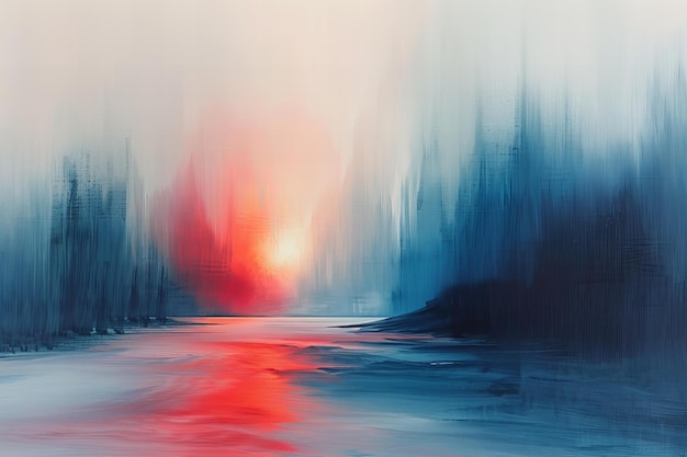 a painting of a sunset with a red and blue color