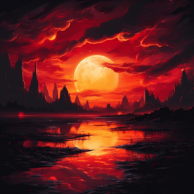 A painting of a sunset with a red moon and the sun in the background.