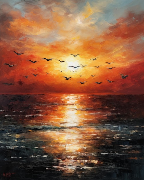 A painting of a sunset with a red sky and the sea and the sun reflecting on the water.