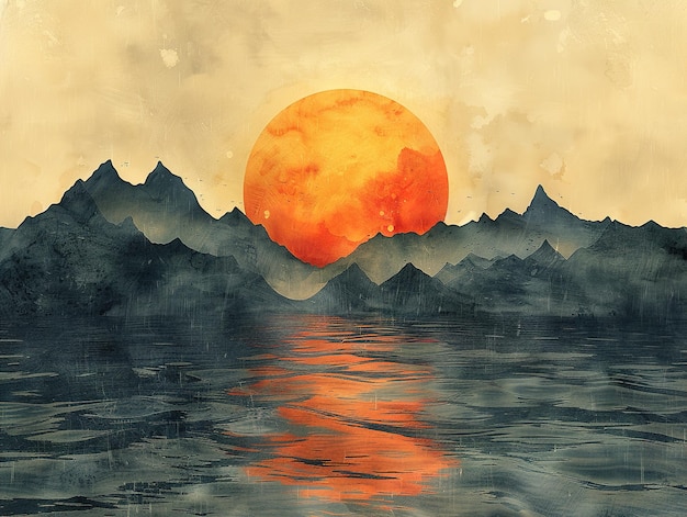 a painting of a sunset with a red sun in the background