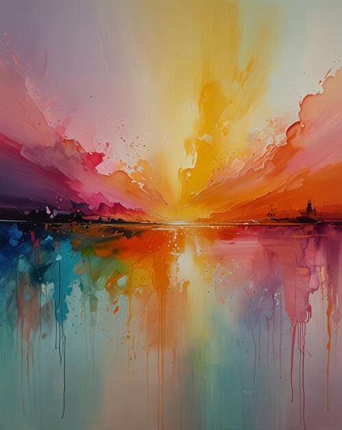 a painting of a sunset with a reflection of the sunset