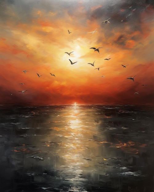 A painting of a sunset with seagulls flying over the water.