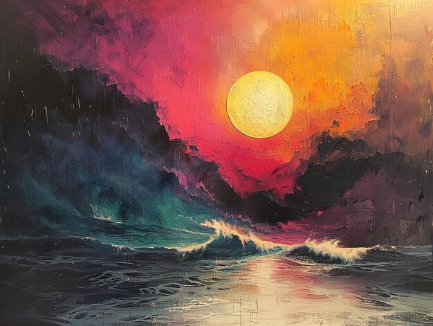 a painting of a sunset with a sun setting behind it