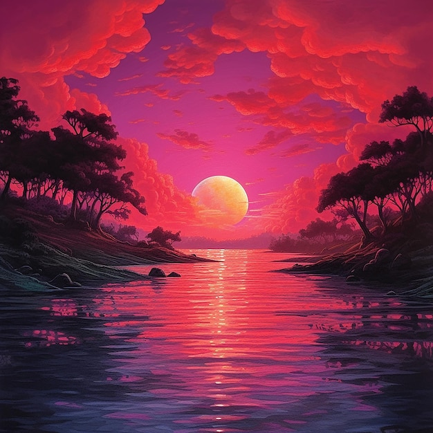 A painting of a sunset with the sun setting behind it.