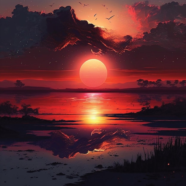 A painting of a sunset with the sun in the sky