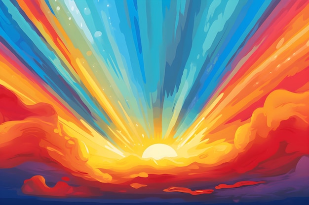 A painting of a sunset with the sun in the sky.