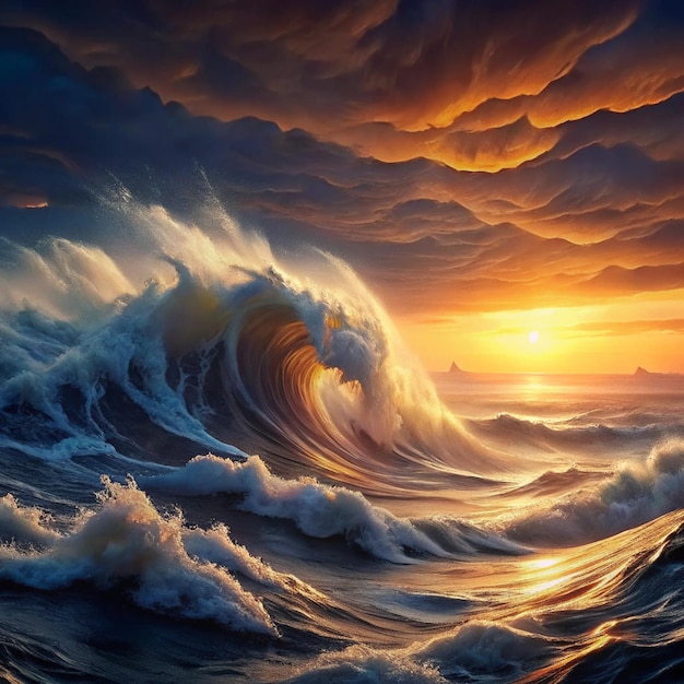 a painting of a sunset with a sunset and the sun setting behind the wave