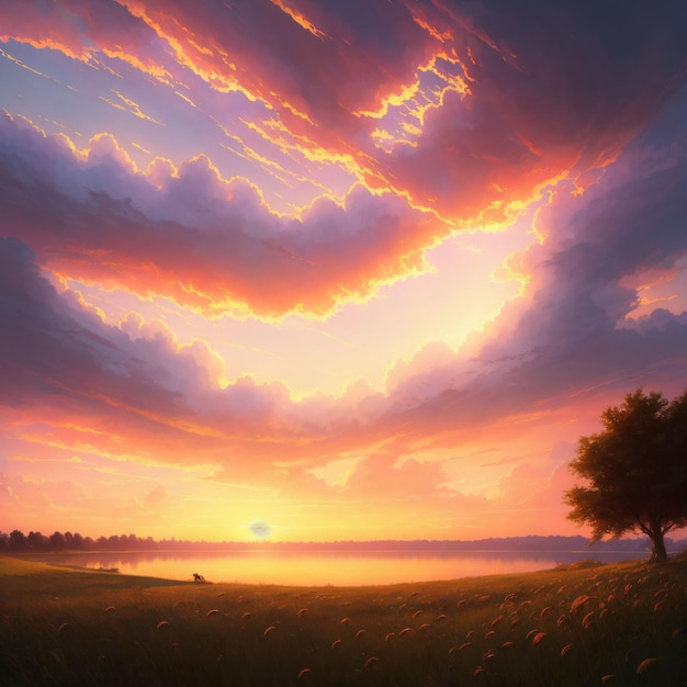 A painting of a sunset with a tree in the foreground and a field of flowers in the background.