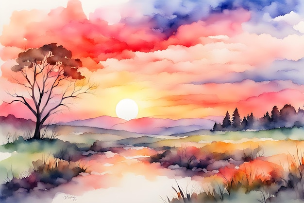 A painting of a sunset with a tree in the foreground