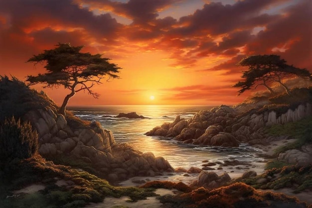 A painting of a sunset with trees on the beach.