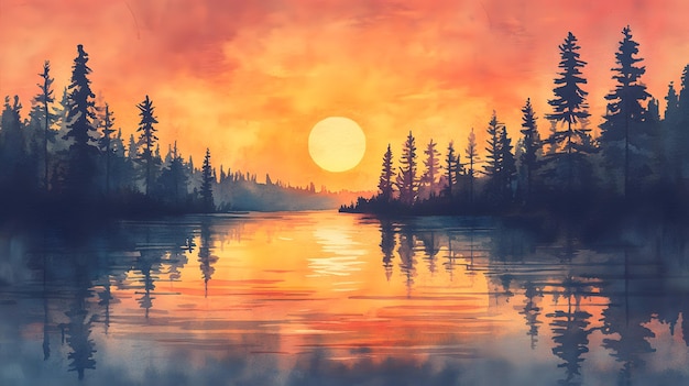 Photo a painting of a sunset with trees and a lake with the sun setting behind it