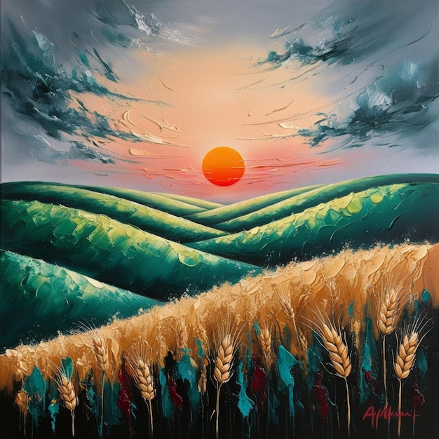 a painting of a sunset with wheat fields and wheat fields