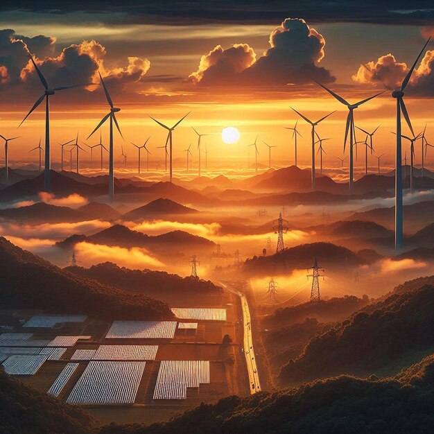 a painting of a sunset with wind turbines in the background