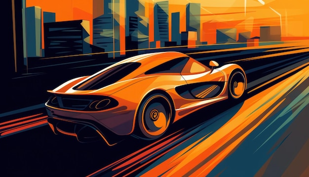 A painting of a supercar with a cityscape in the background.