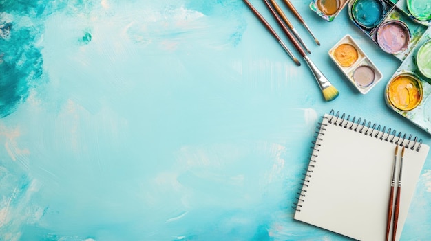 Photo painting supplies on a blue background