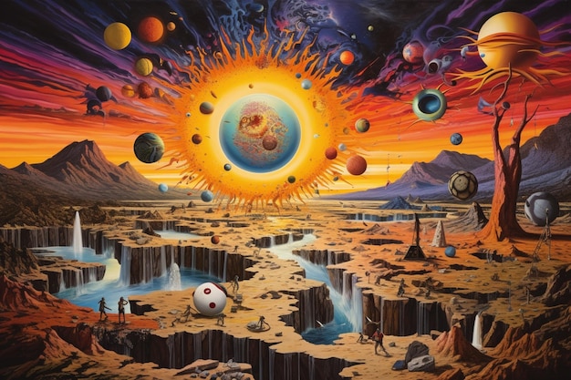 Painting of a surreal scene of a planet with a sun and planets generative ai