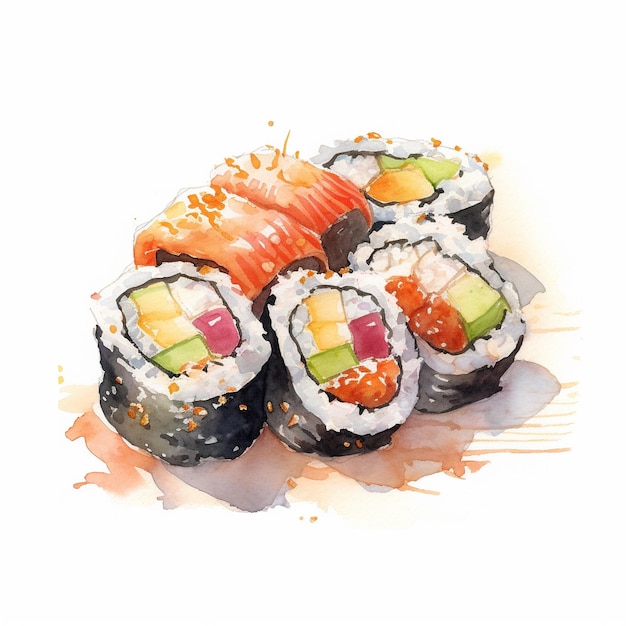 A painting of sushi and a bowl of vegetables.