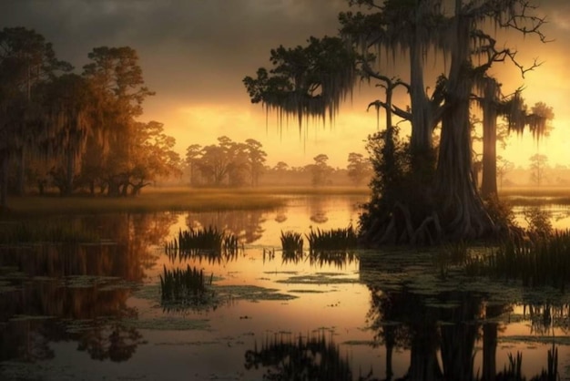 A painting of a swamp with the sun setting behind it.