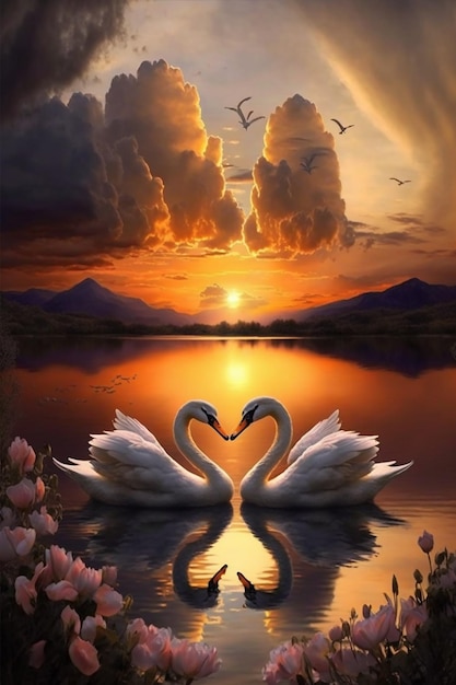 A painting of swans making a heart shape with the sun setting behind them.