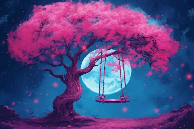 A painting of a swing under a full moon