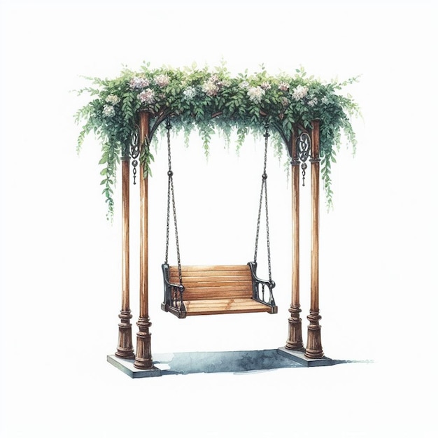 a painting of a swing with flowers and a picture of a swing