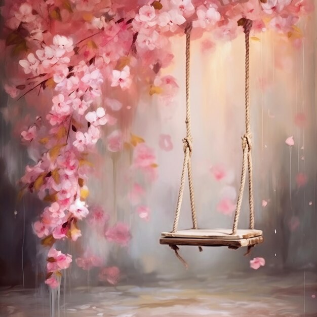 Photo a painting of a swing with pink flowers on it