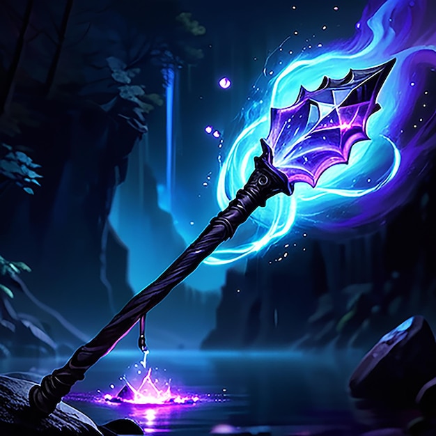 a painting of a sword with a purple background and a dark background