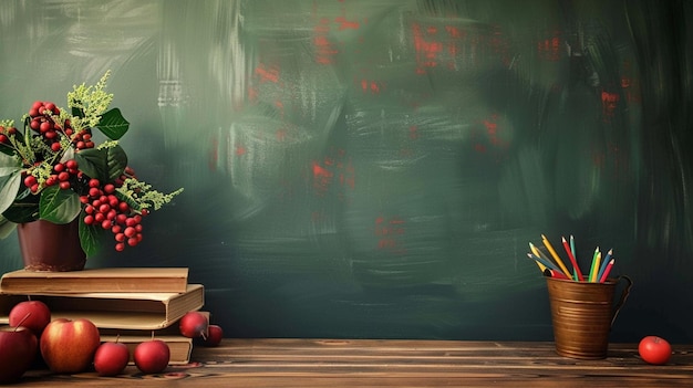 a painting of a table with books and a wall with a quote from the book