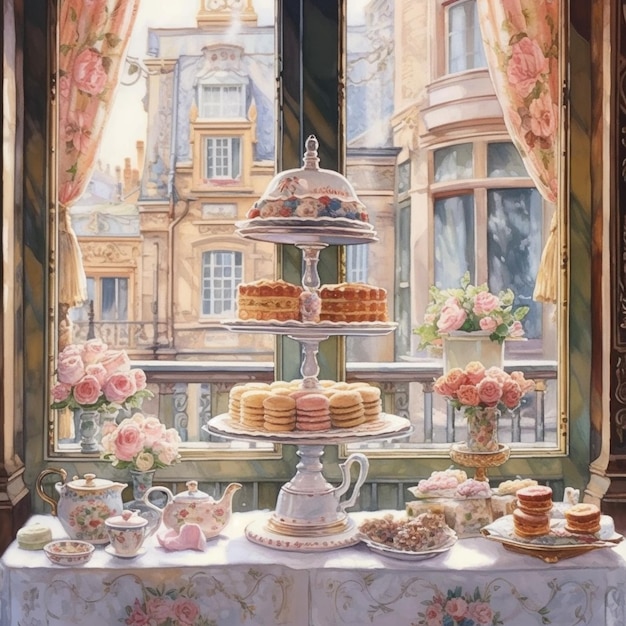 Painting of a table with a cake and cupcakes on it generative ai