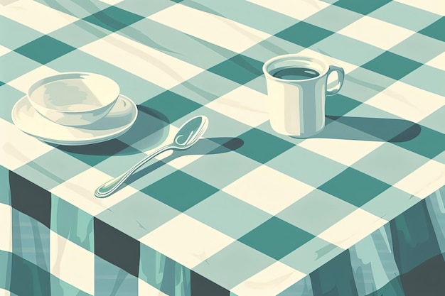 A painting of a table with a checkered table cloth