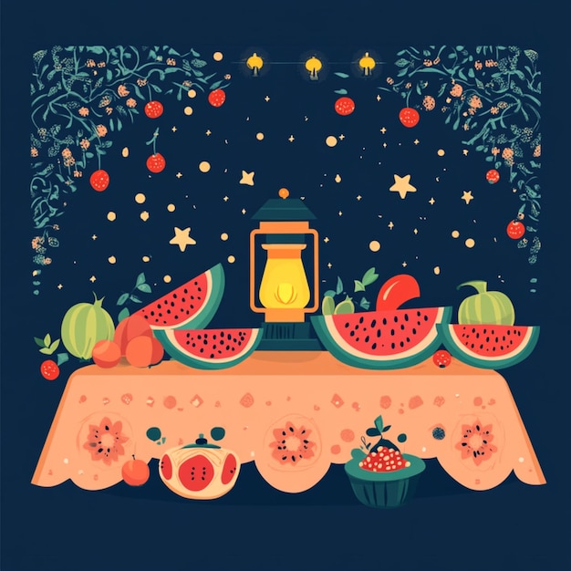 Photo a painting of a table with fruits and a vase of watermelon