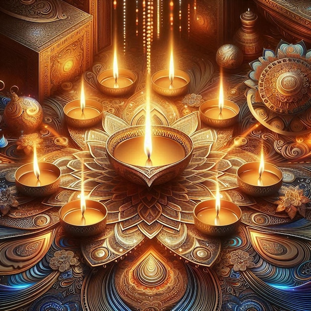 a painting of a table with many candles and a large heart shaped object