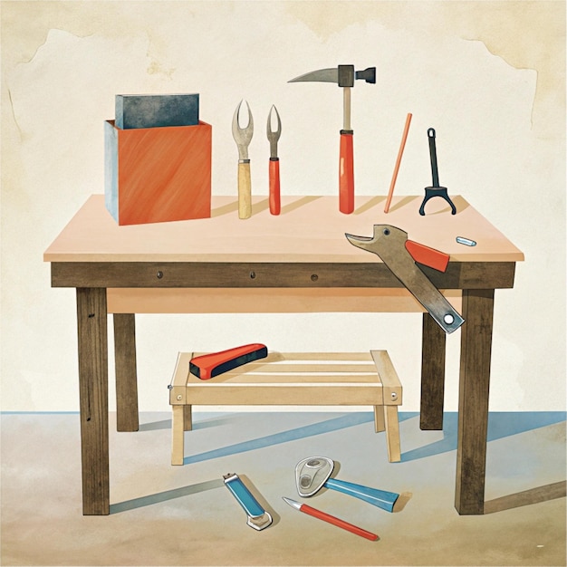 a painting of a table with tools and tools on it