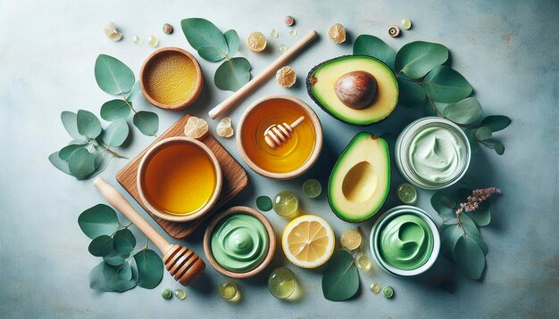 Photo a painting of a table with a variety of food items including avocado avocados and lemons