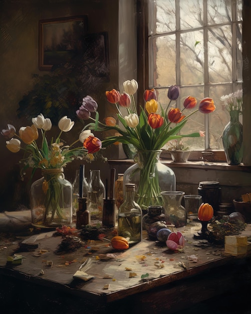 A painting of a table with a vase of flowers on it