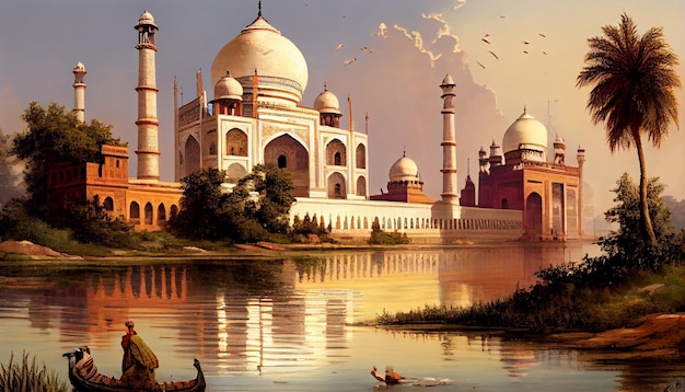 A painting of a taj mahal with a lake in the foreground.